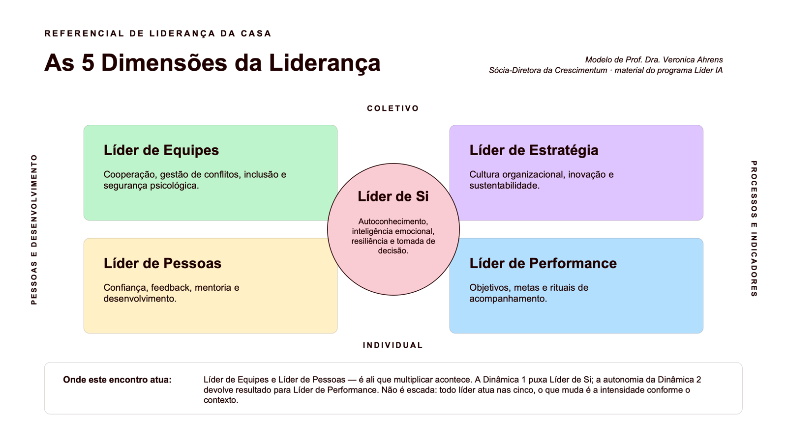 Diagrama das 5 Dimensões da Liderança: Líder de Si no centro, cercado por Líder de Equipes, Líder de Pessoas, Líder de Performance e Líder de Estratégia